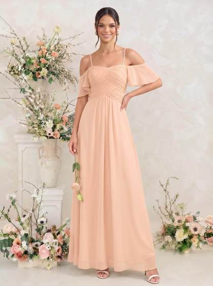 Modest A-Line Spaghetti Straps Ruched Waist Chiffon Bridesmaid Dresses