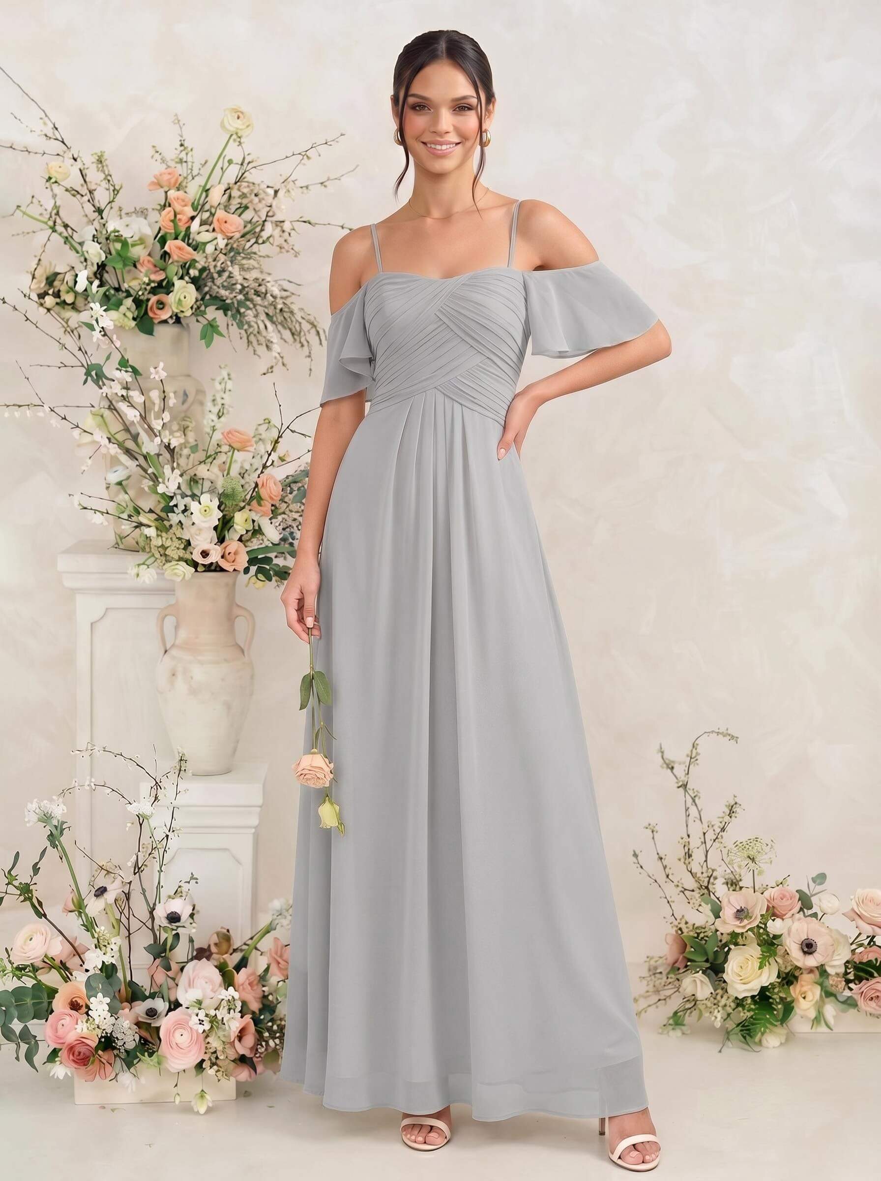 Modest A-Line Spaghetti Straps Ruched Waist Chiffon Bridesmaid Dresses