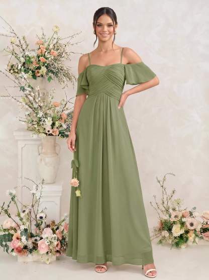 Modest A-Line Spaghetti Straps Ruched Waist Chiffon Bridesmaid Dresses
