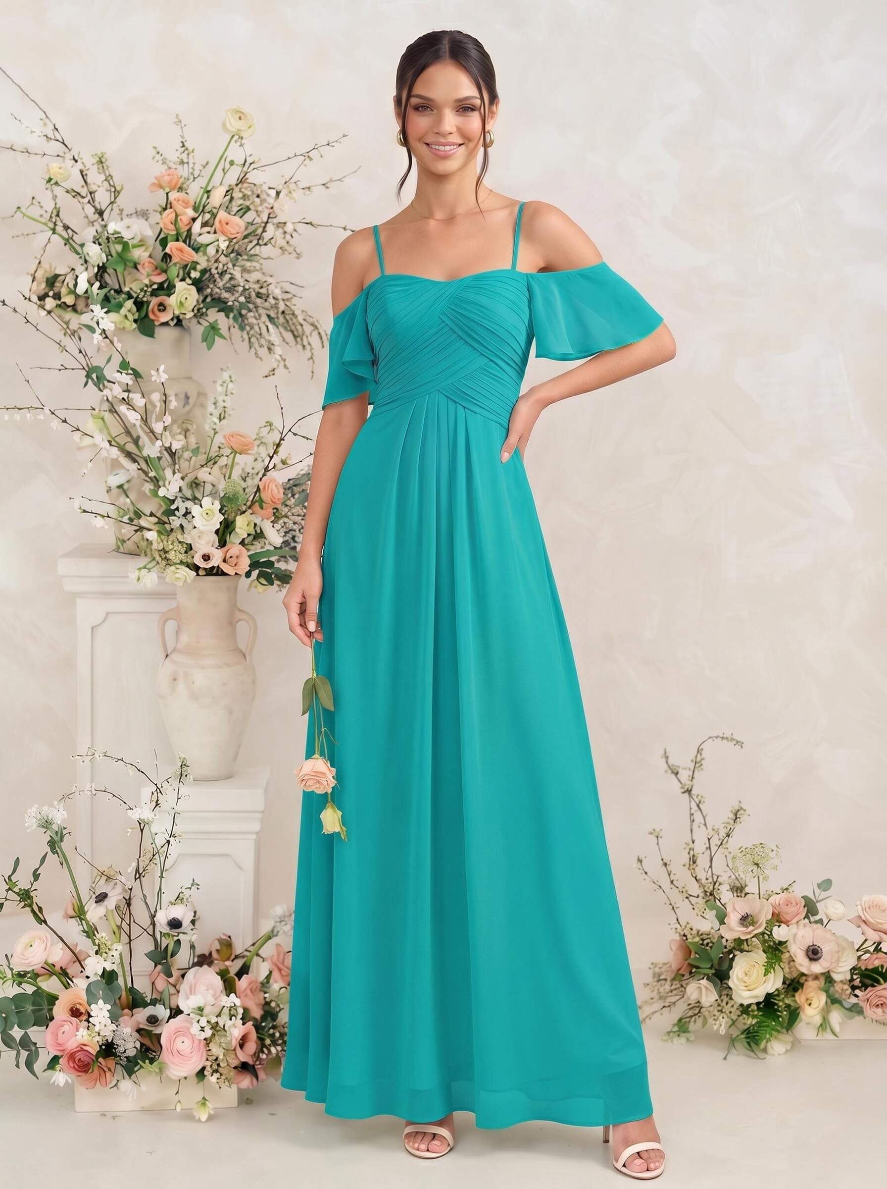 Modest A-Line Spaghetti Straps Ruched Waist Chiffon Bridesmaid Dresses