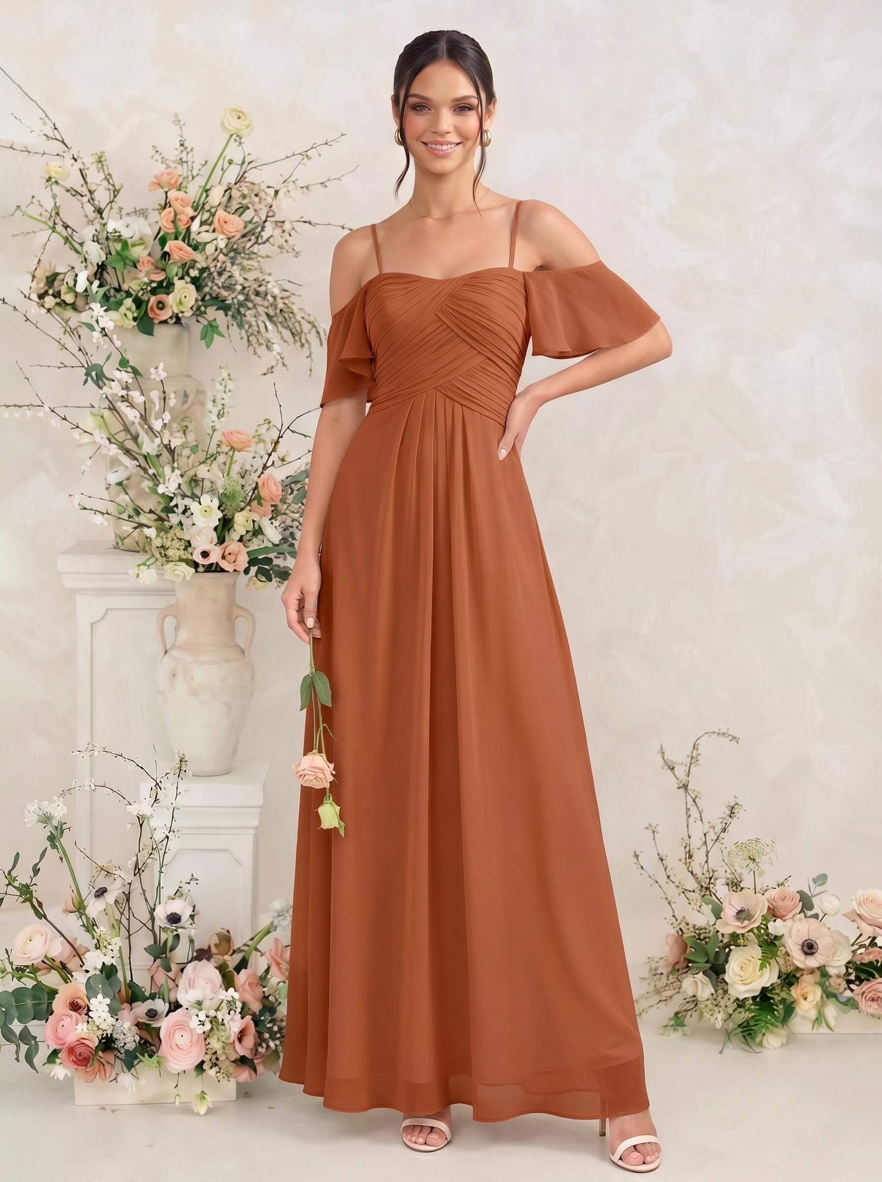 Modest A-Line Spaghetti Straps Ruched Waist Chiffon Bridesmaid Dresses