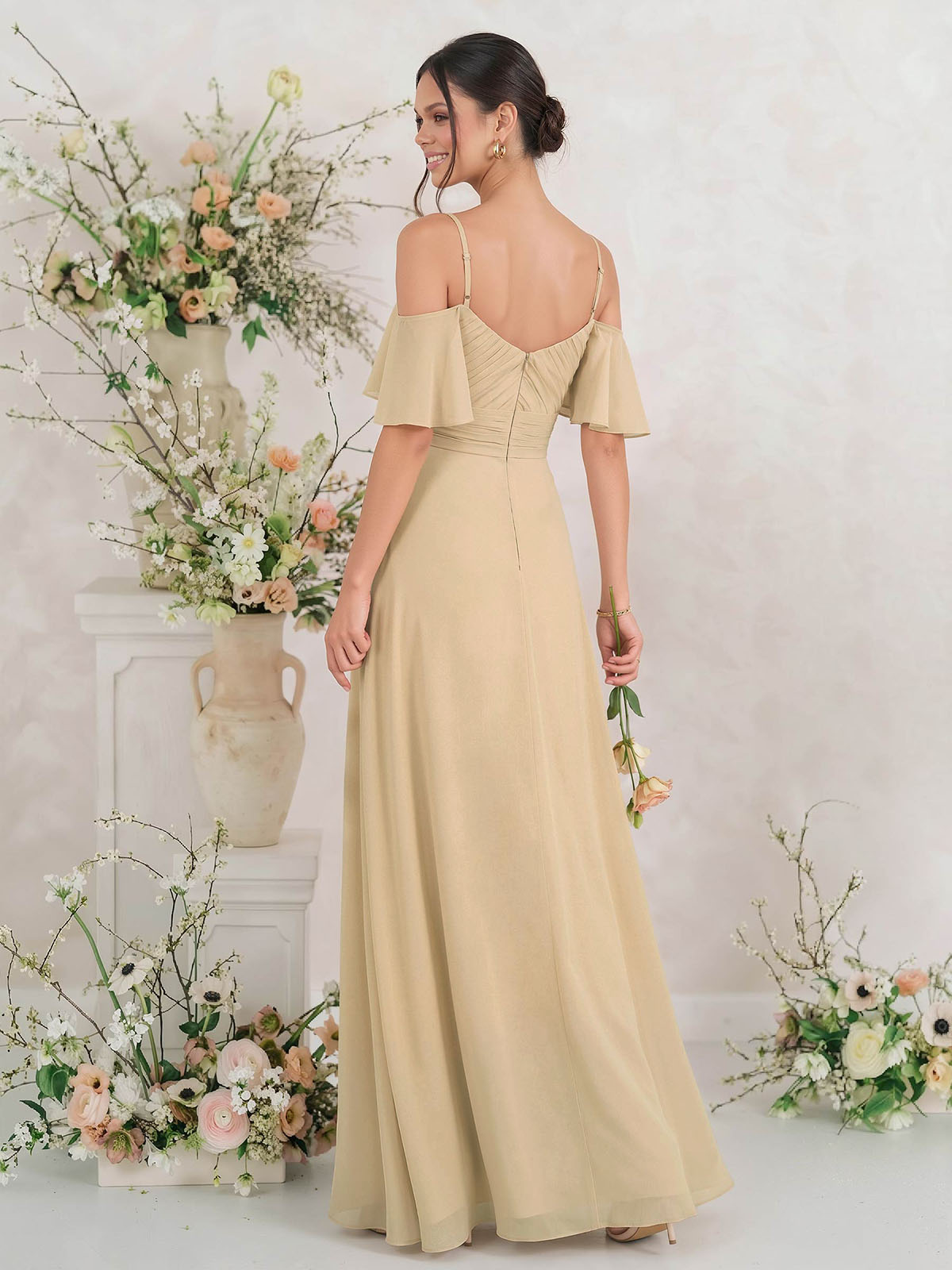 Modest A-Line Spaghetti Straps Ruched Waist Chiffon Bridesmaid Dresses