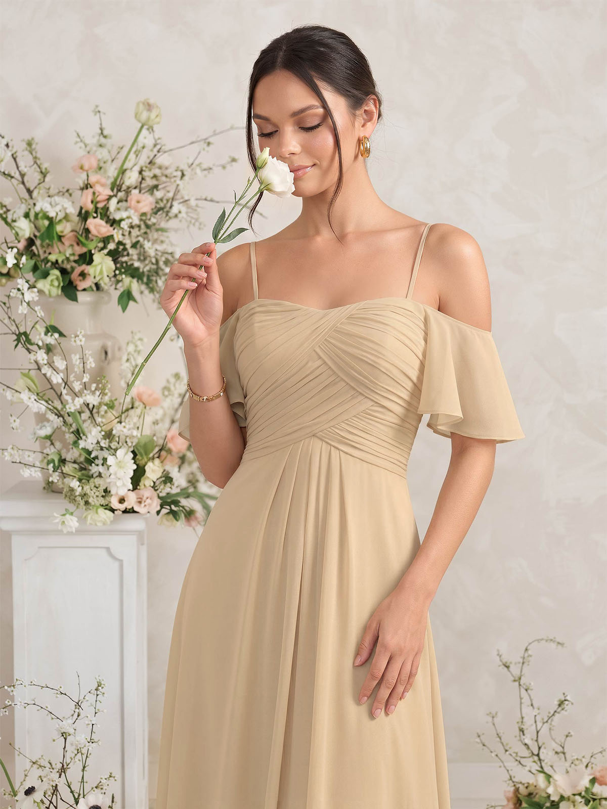 Modest A-Line Spaghetti Straps Ruched Waist Chiffon Bridesmaid Dresses