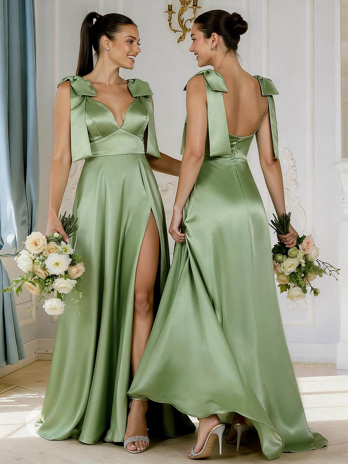 A-Line Plunge Neck Sleeveless Floor-Length Satin Bridesmaid Dresses With Bow(s)/High Split, product image 1