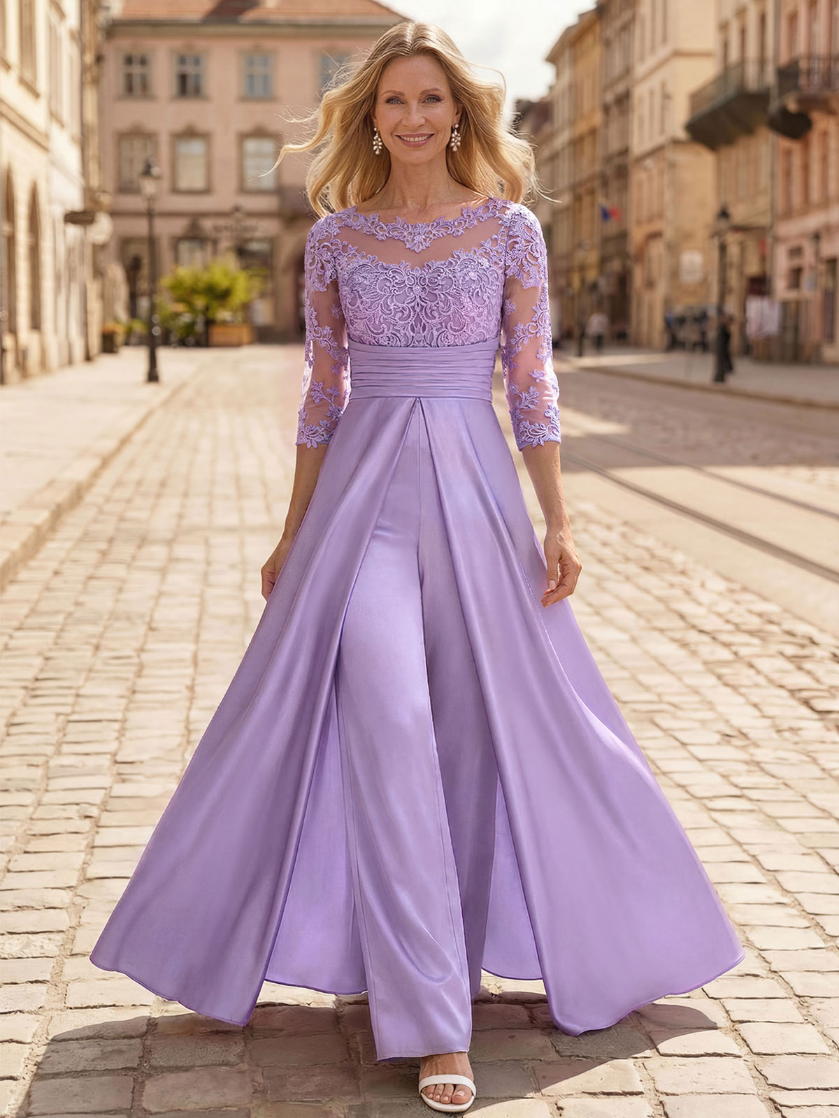 Jumpsuit/Pantsuit Scoop Neck 3/4 Sleeves Floor-Length Crepe Satin Evening Dresses in Lilac, US2