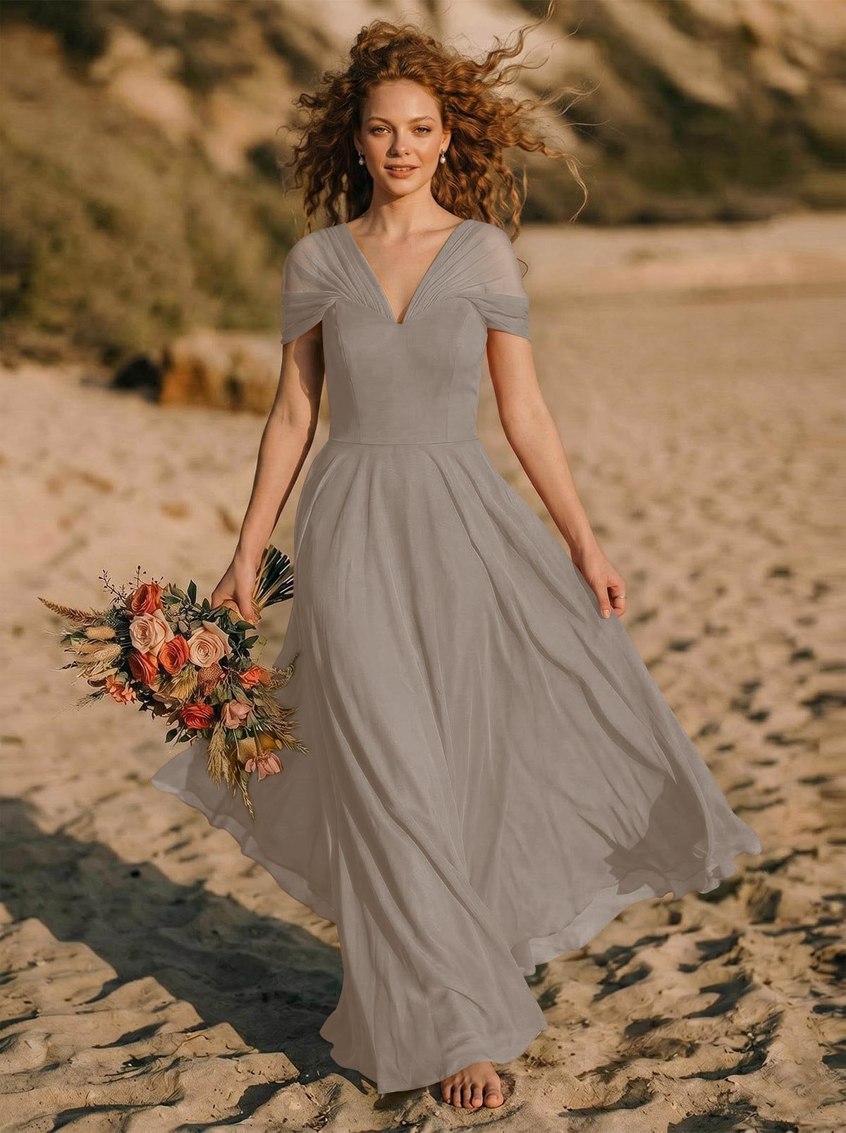 Elegant A-Line V-Neck Sleeveless Floor-Length Chiffon Bridesmaid Dresses, product image 63