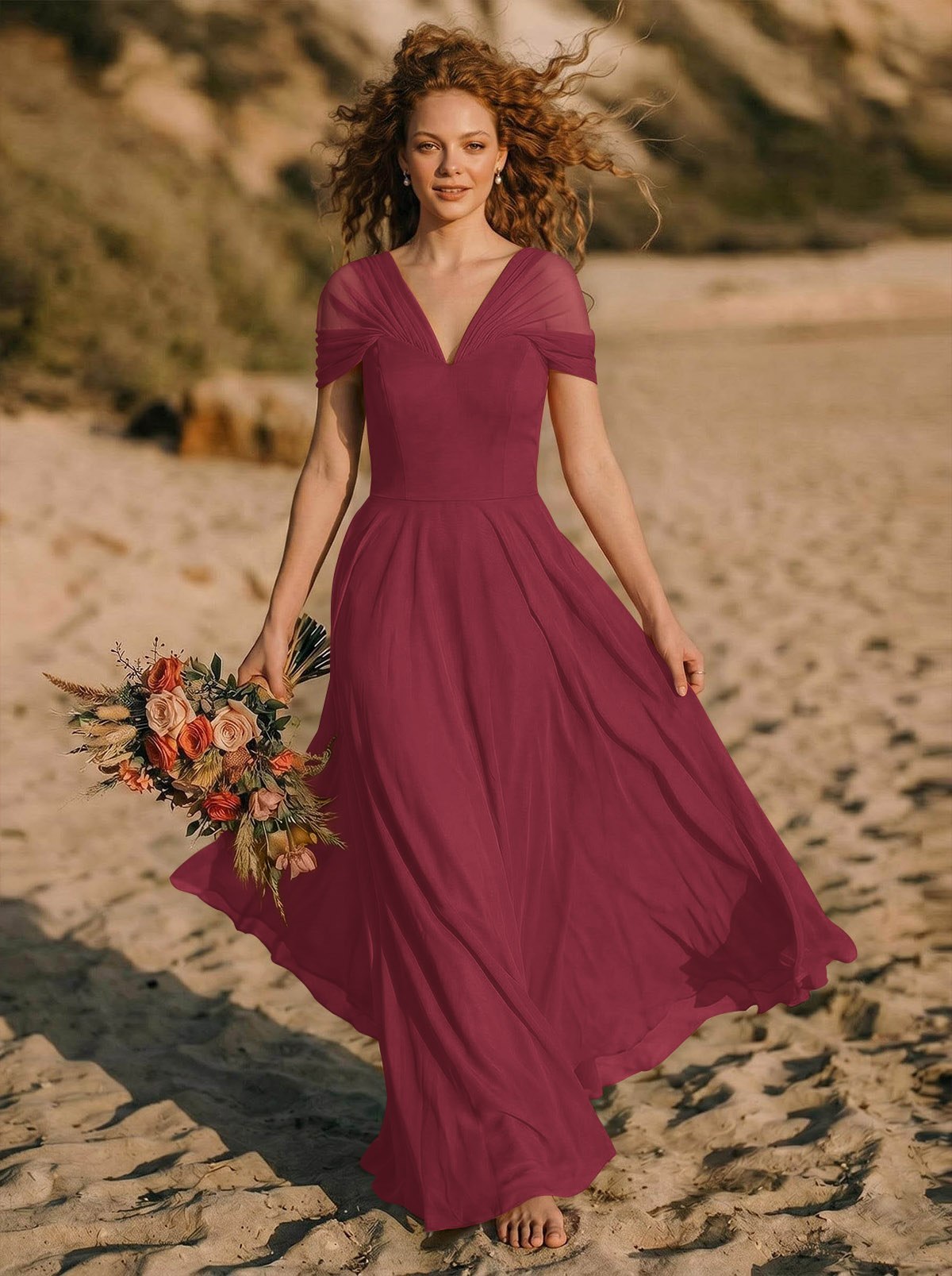Elegant A-Line V-Neck Sleeveless Floor-Length Chiffon Bridesmaid Dresses, product image 17