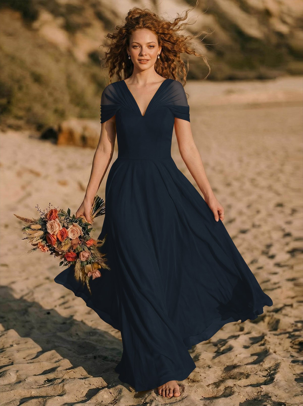 Elegant A-Line V-Neck Sleeveless Floor-Length Chiffon Bridesmaid Dresses, product image 3