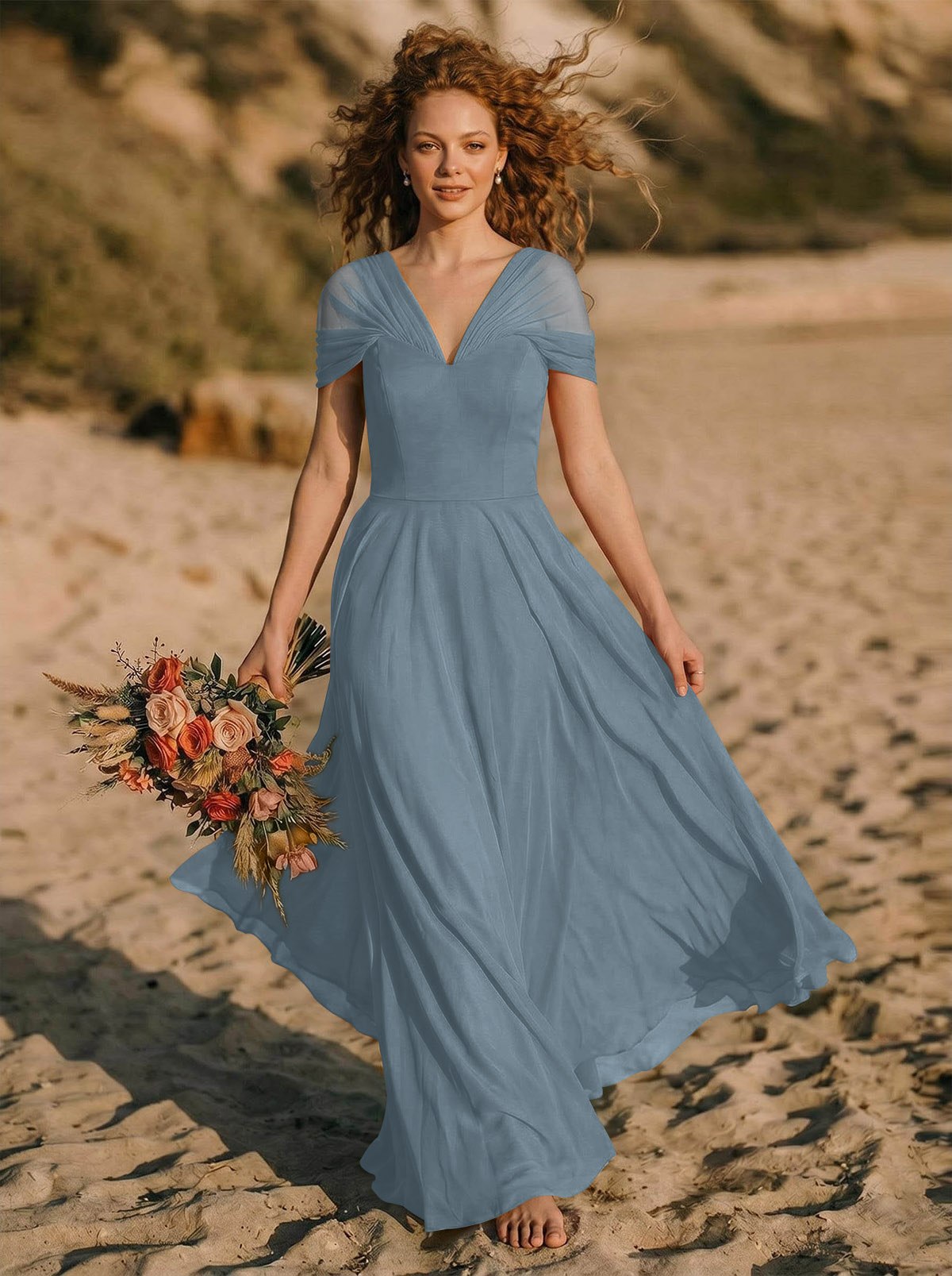 Elegant A-Line V-Neck Sleeveless Floor-Length Chiffon Bridesmaid Dresses, product image 5