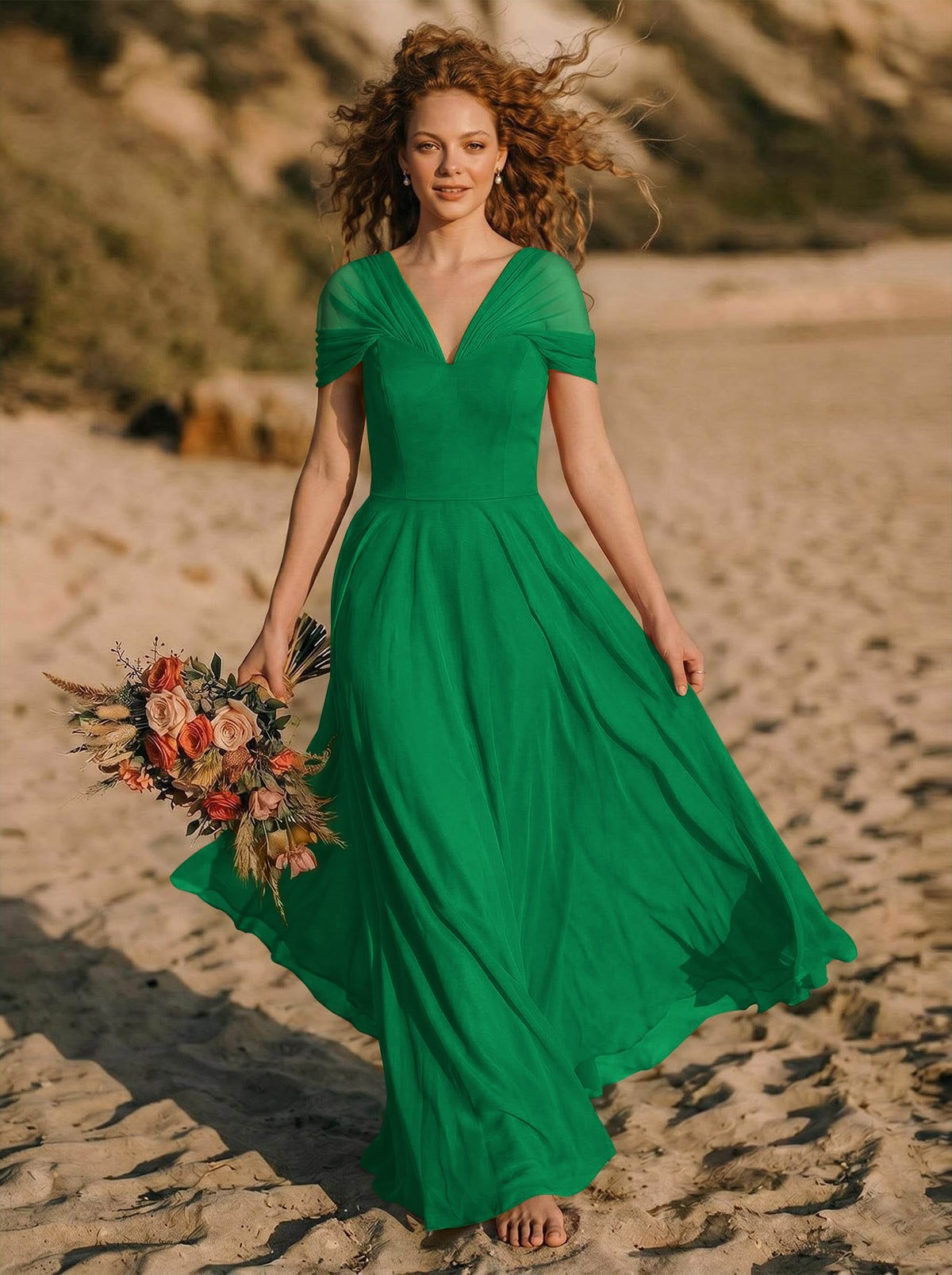 Elegant A-Line V-Neck Sleeveless Floor-Length Chiffon Bridesmaid Dresses, product image 66