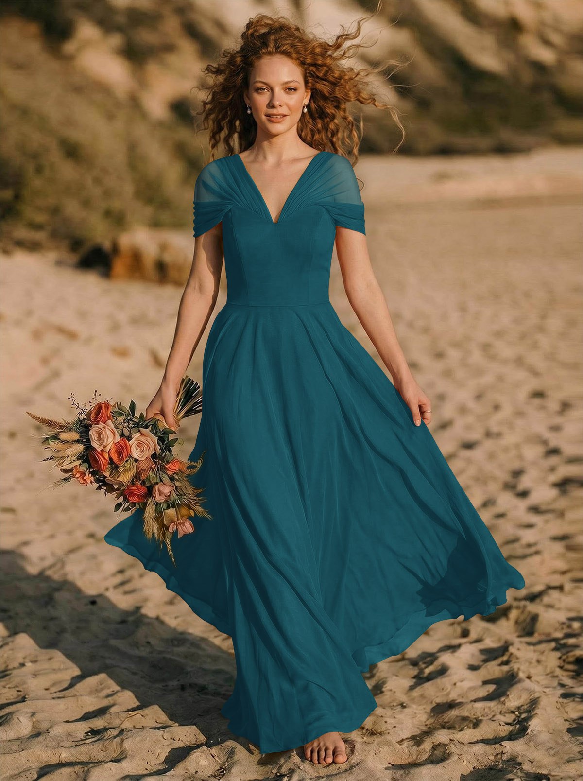 Elegant A-Line V-Neck Sleeveless Floor-Length Chiffon Bridesmaid Dresses, product image 8