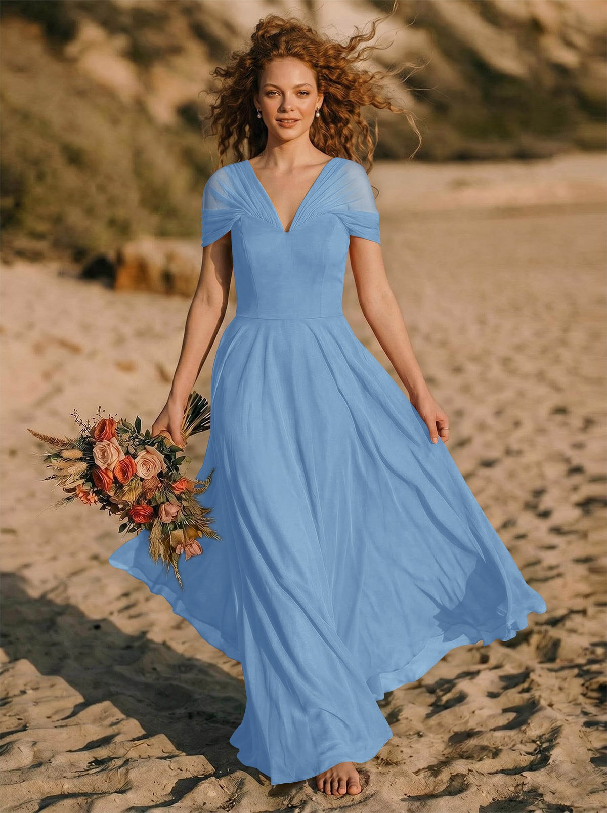 Elegant A-Line V-Neck Sleeveless Floor-Length Chiffon Bridesmaid Dresses, product image 12