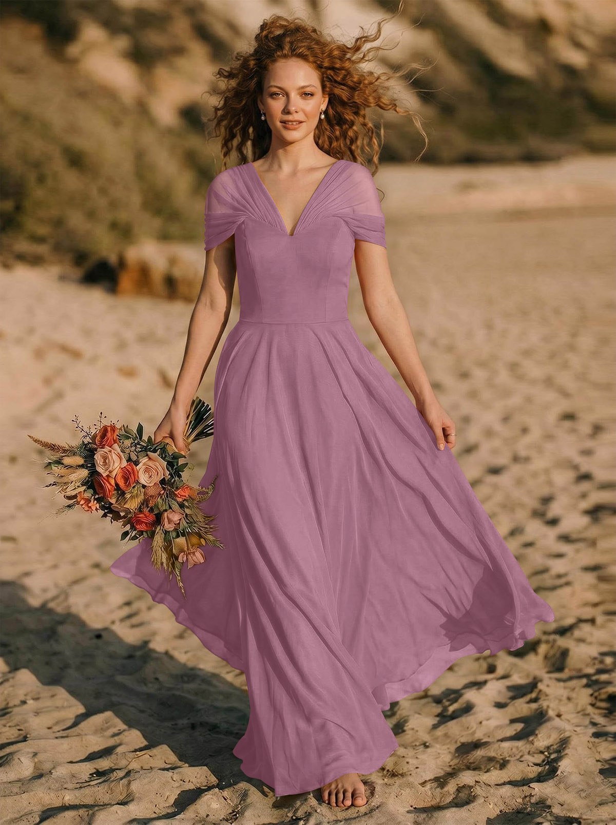 Elegant A-Line V-Neck Sleeveless Floor-Length Chiffon Bridesmaid Dresses, product image 32