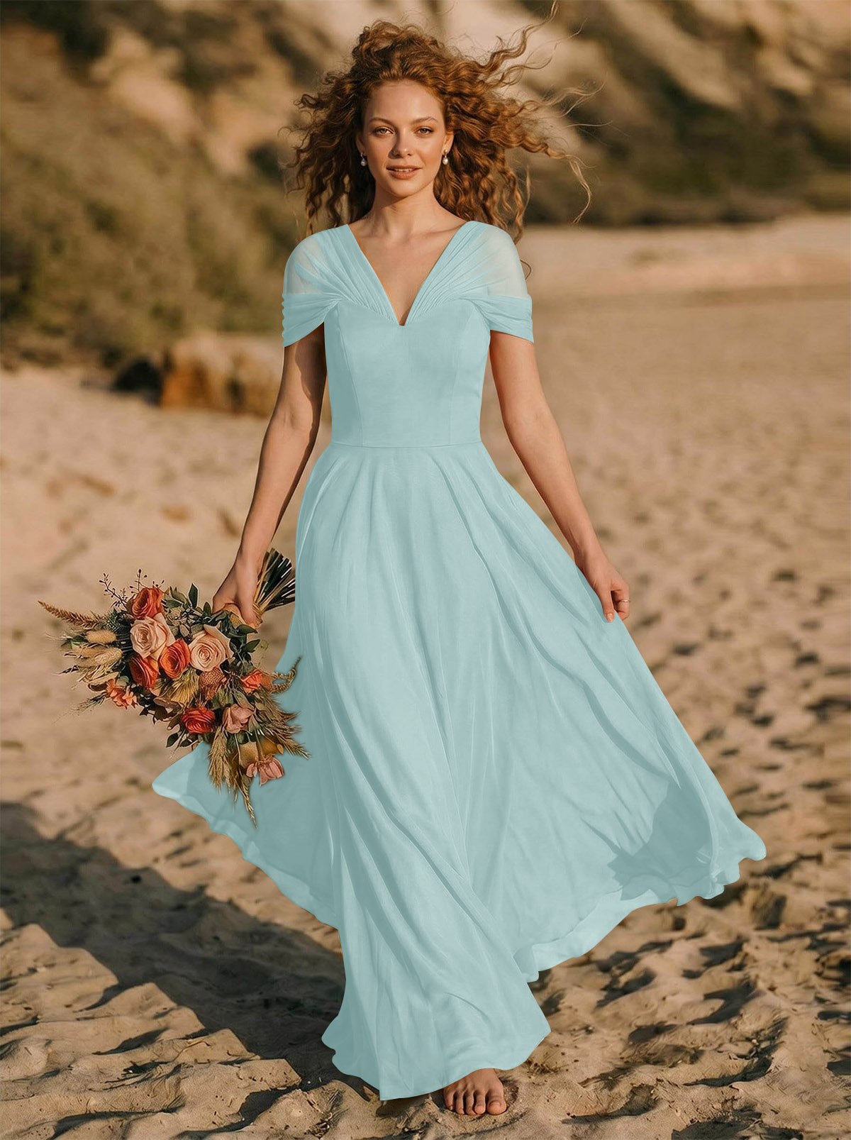 Elegant A-Line V-Neck Sleeveless Floor-Length Chiffon Bridesmaid Dresses, product image 14