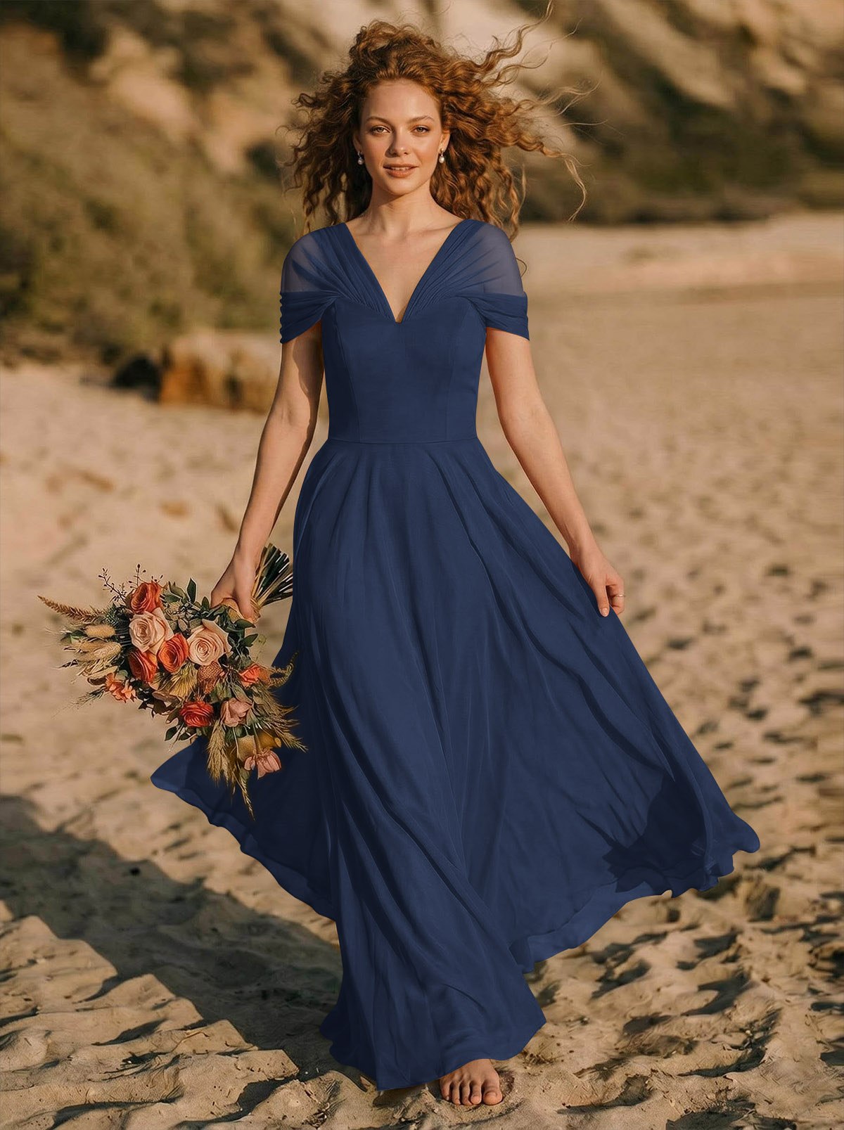 Elegant A-Line V-Neck Sleeveless Floor-Length Chiffon Bridesmaid Dresses, product image 4