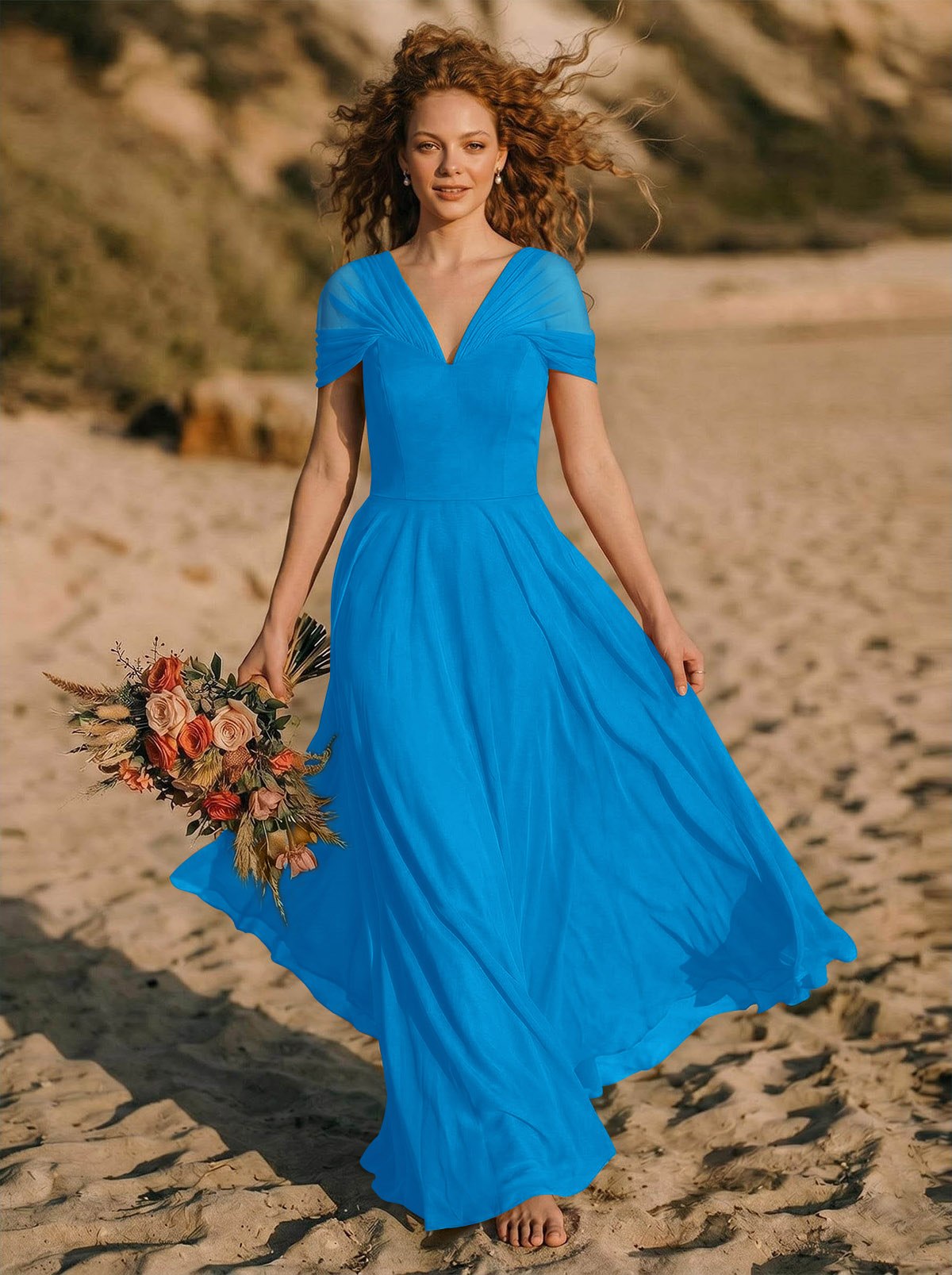 Elegant A-Line V-Neck Sleeveless Floor-Length Chiffon Bridesmaid Dresses, product image 10