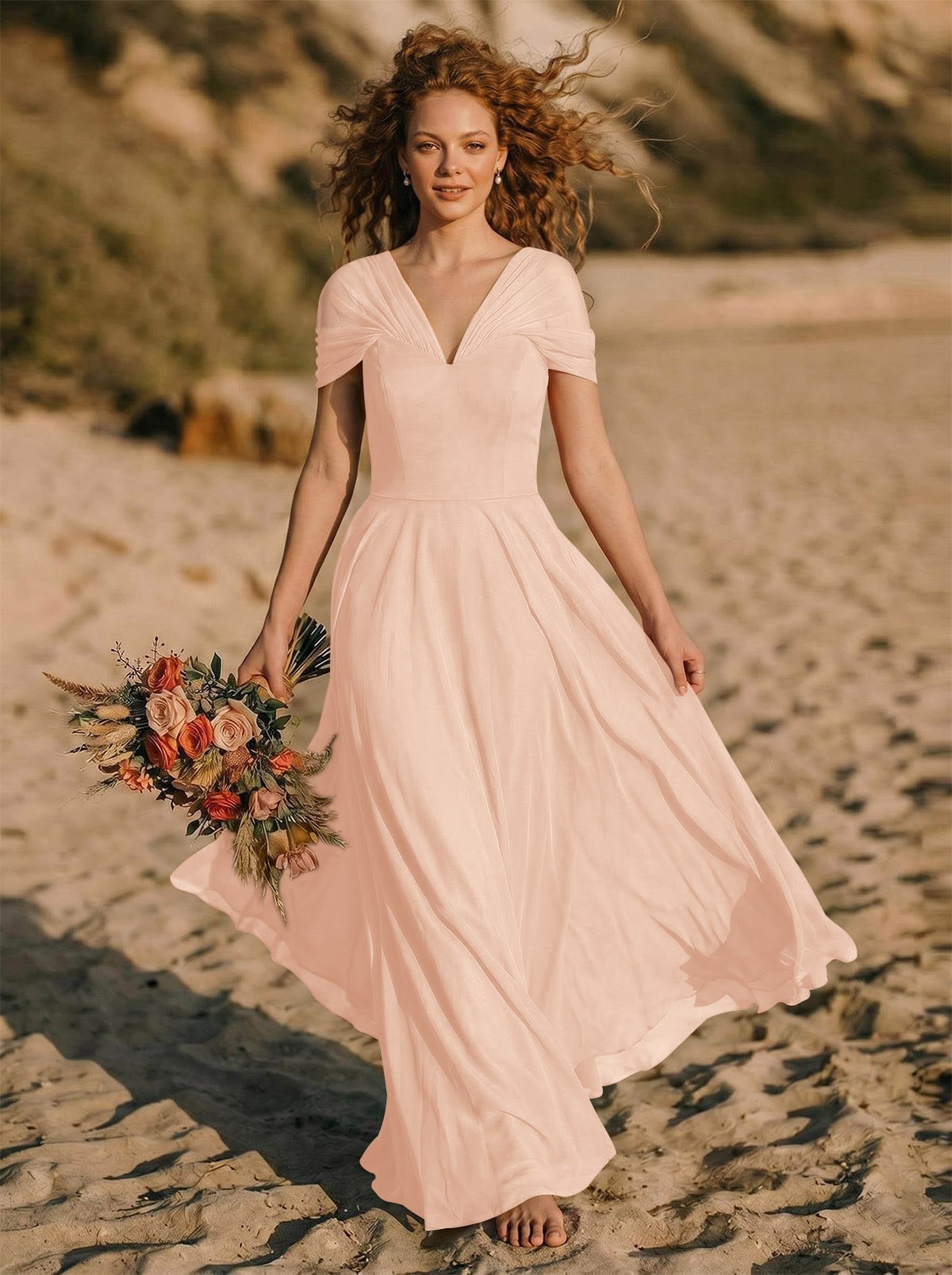 Elegant A-Line V-Neck Sleeveless Floor-Length Chiffon Bridesmaid Dresses, product image 23