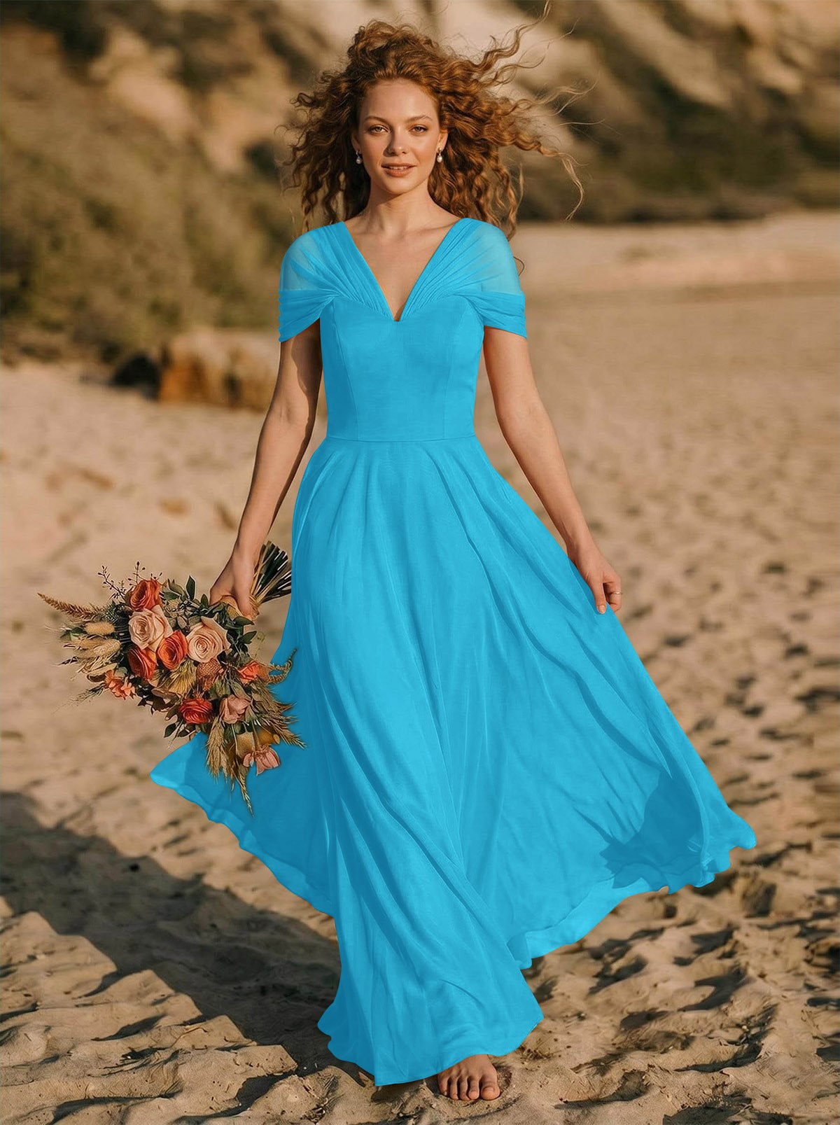 Elegant A-Line V-Neck Sleeveless Floor-Length Chiffon Bridesmaid Dresses, product image 11