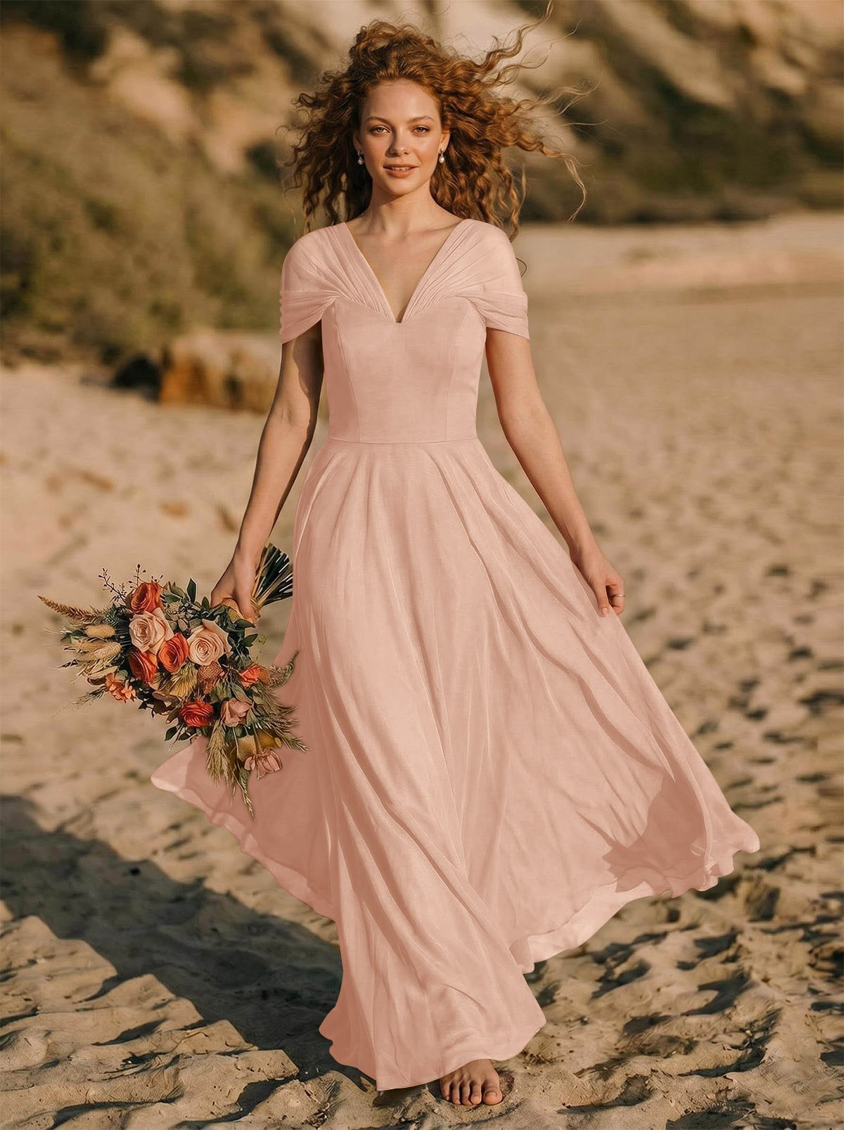 Elegant A-Line V-Neck Sleeveless Floor-Length Chiffon Bridesmaid Dresses, product image 65