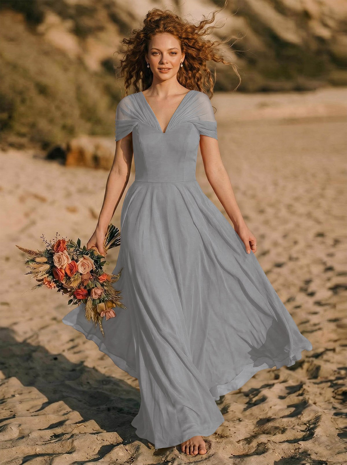 Elegant A-Line V-Neck Sleeveless Floor-Length Chiffon Bridesmaid Dresses, product image 59