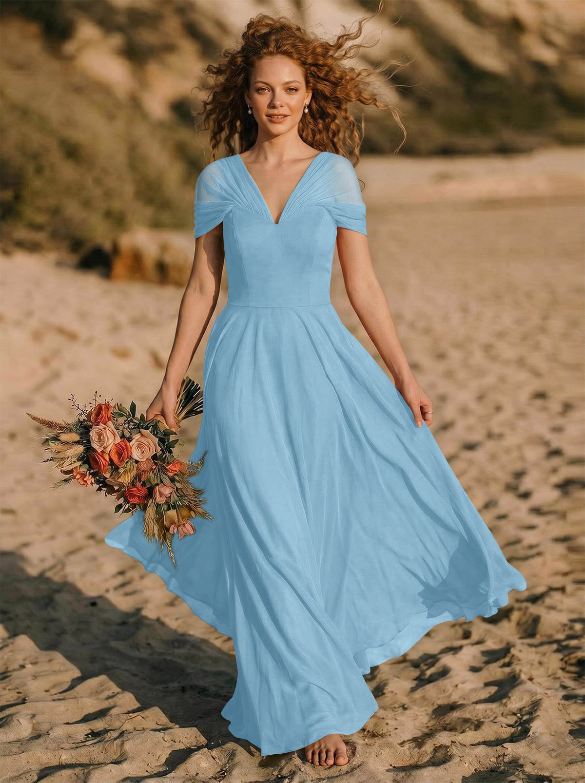Elegant A-Line V-Neck Sleeveless Floor-Length Chiffon Bridesmaid Dresses, product image 13