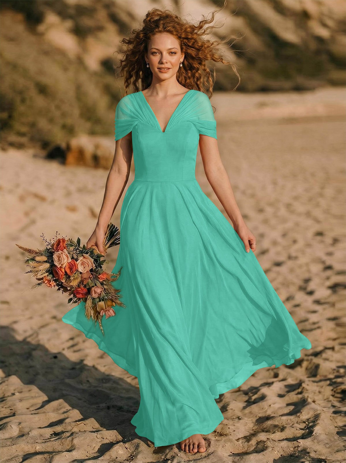 Elegant A-Line V-Neck Sleeveless Floor-Length Chiffon Bridesmaid Dresses, product image 49
