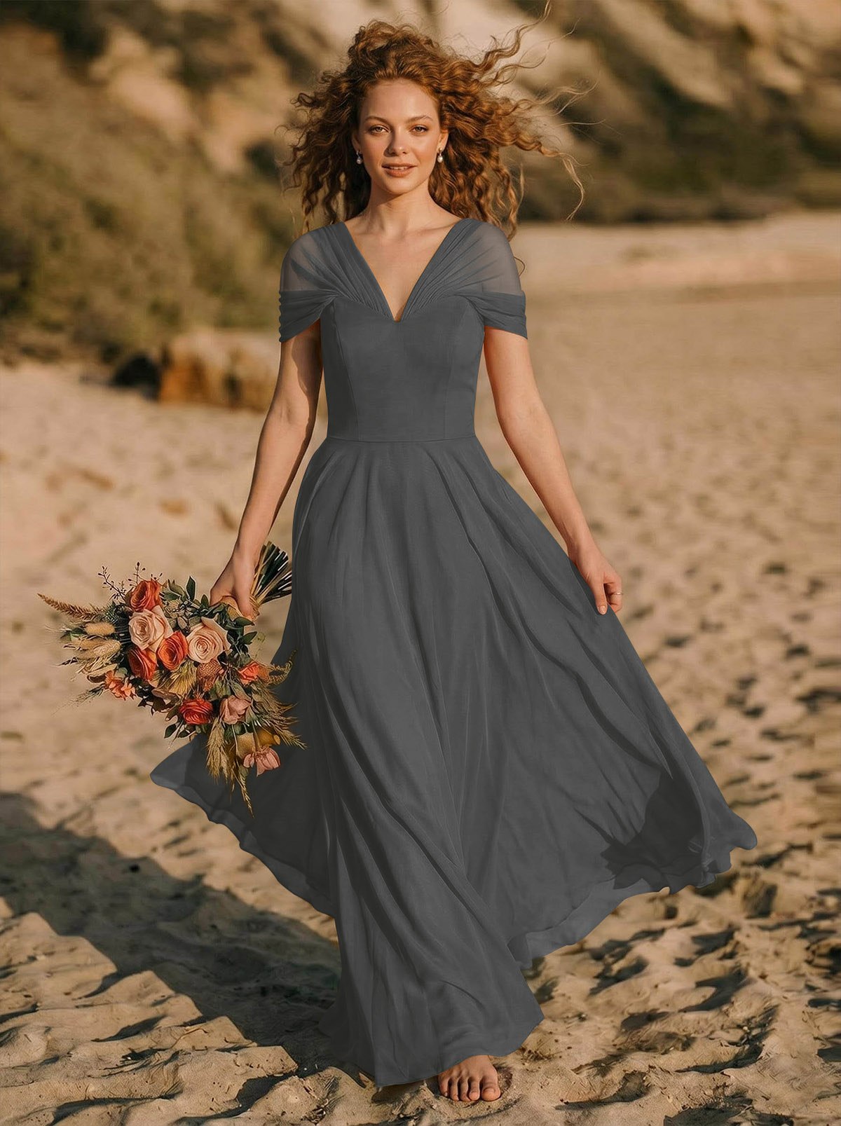 Elegant A-Line V-Neck Sleeveless Floor-Length Chiffon Bridesmaid Dresses, product image 60