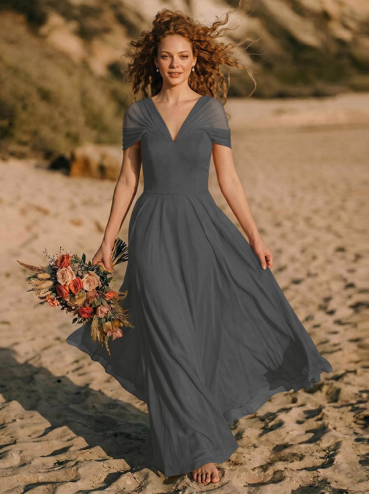 Elegant A-Line V-Neck Sleeveless Floor-Length Chiffon Bridesmaid Dresses, product image 60