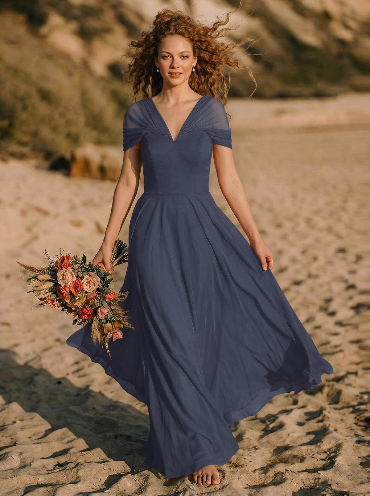 Elegant A-Line V-Neck Sleeveless Floor-Length Chiffon Bridesmaid Dresses, product image 7