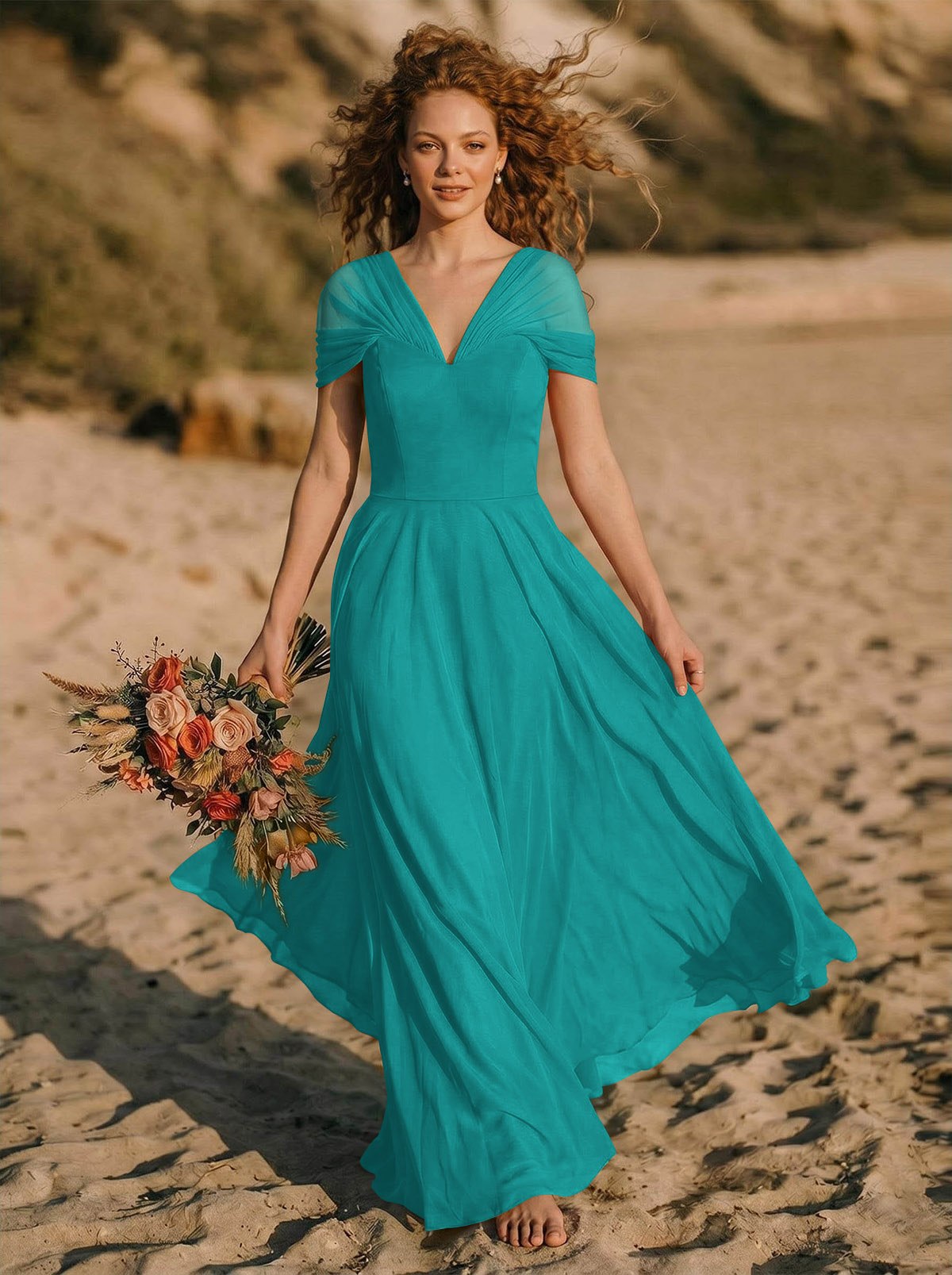 Elegant A-Line V-Neck Sleeveless Floor-Length Chiffon Bridesmaid Dresses, product image 69