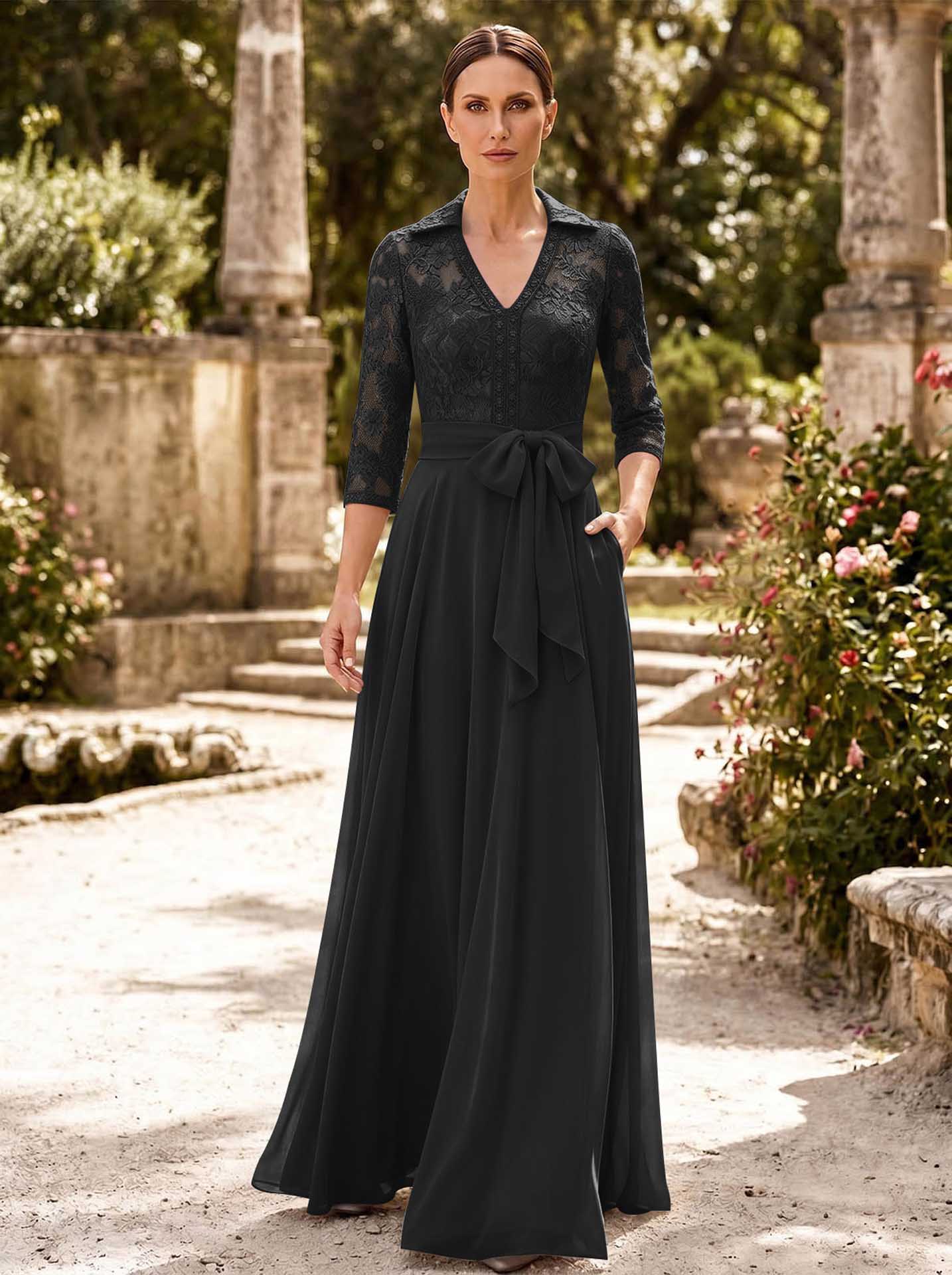 A-Line V-Neck 3/4 Sleeves Floor-Length Chiffon Mother Of The Bride Dresses