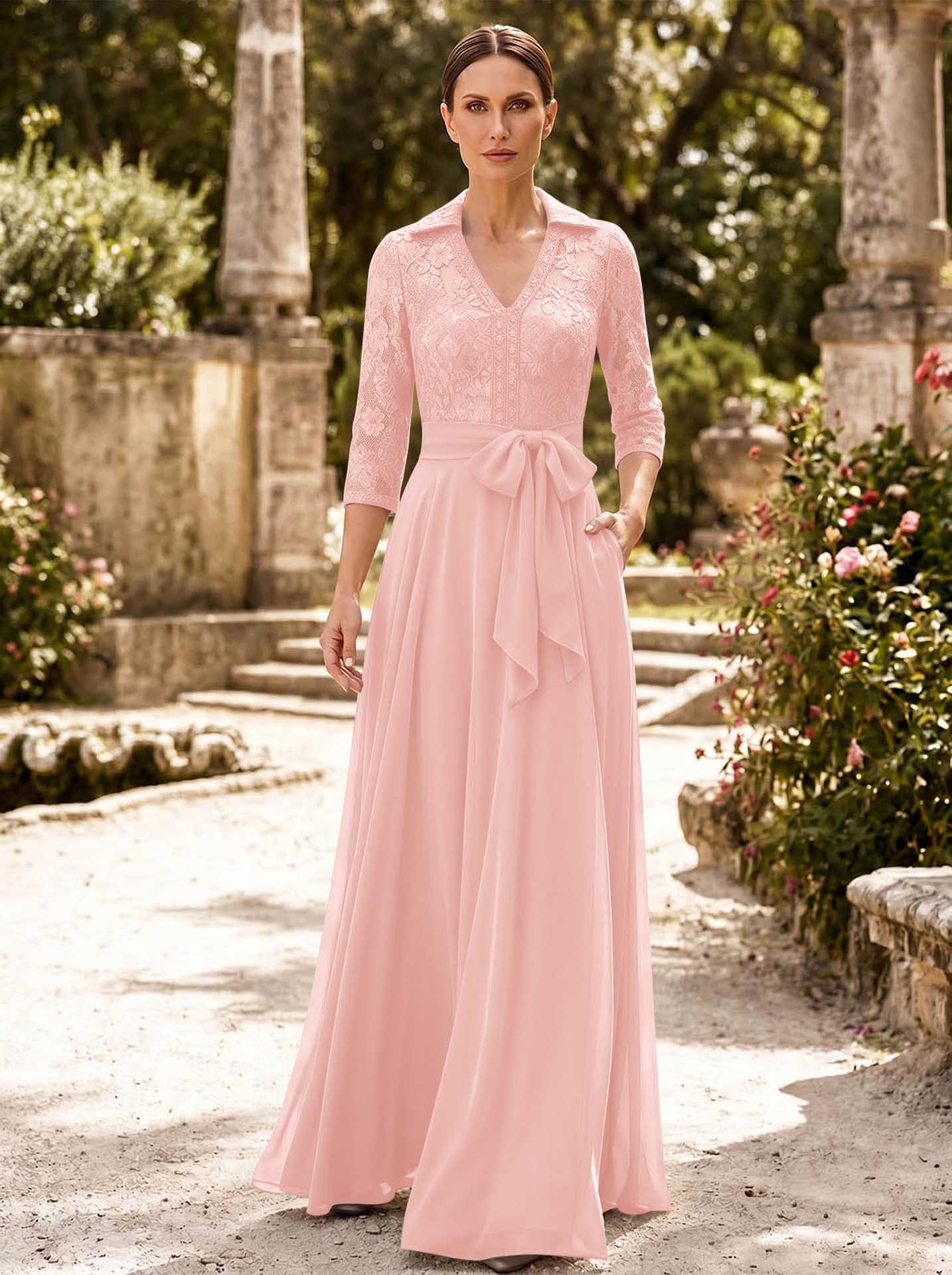 A-Line V-Neck 3/4 Sleeves Floor-Length Chiffon Mother Of The Bride Dresses