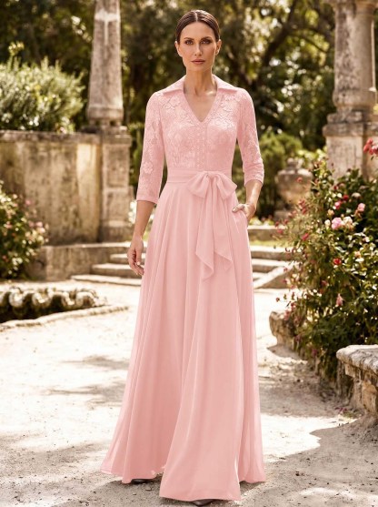 A-Line V-Neck 3/4 Sleeves Floor-Length Chiffon Mother Of The Bride Dresses