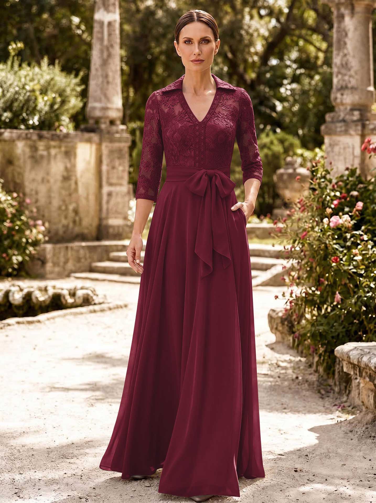 A-Line V-Neck 3/4 Sleeves Floor-Length Chiffon Mother Of The Bride Dresses
