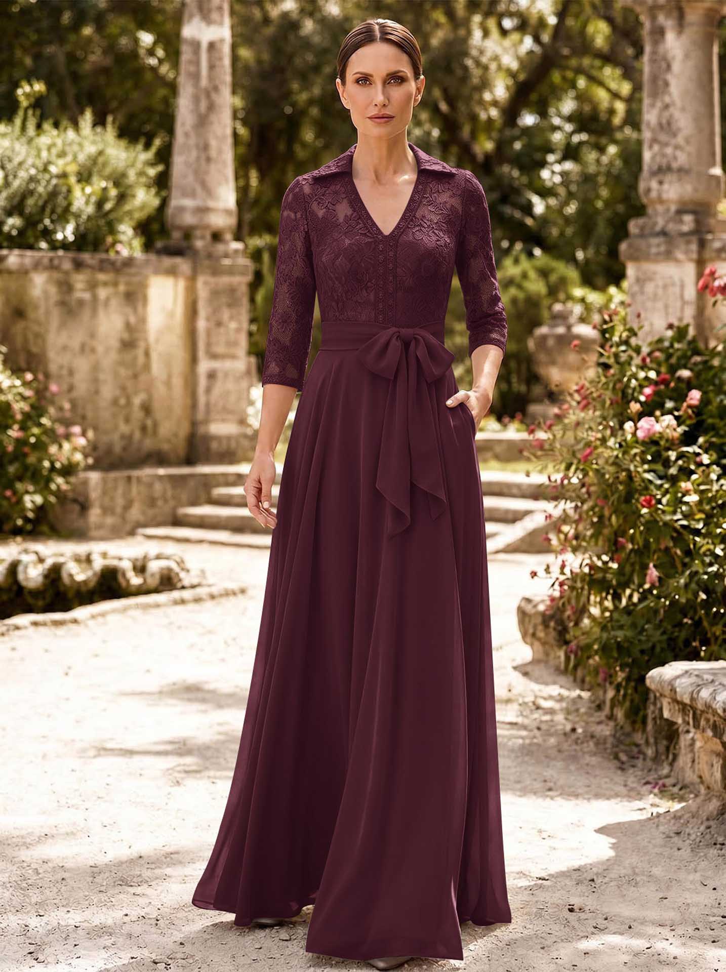 A-Line V-Neck 3/4 Sleeves Floor-Length Chiffon Mother Of The Bride Dresses