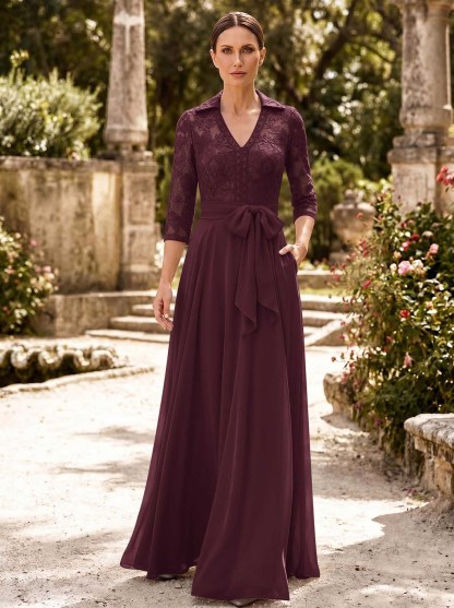 A-Line V-Neck 3/4 Sleeves Floor-Length Chiffon Mother Of The Bride Dresses
