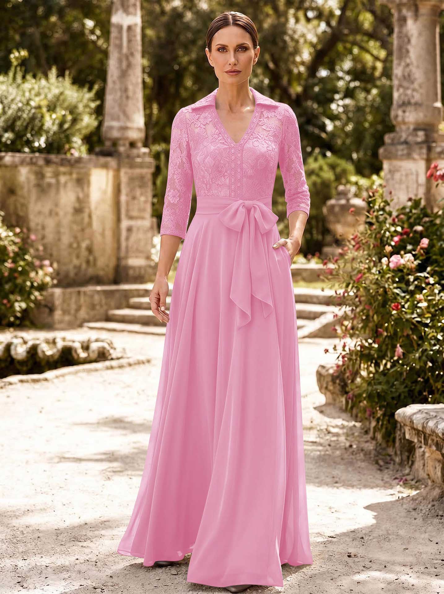 A-Line V-Neck 3/4 Sleeves Floor-Length Chiffon Mother Of The Bride Dresses