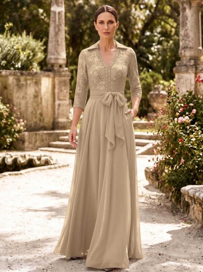 A-Line V-Neck 3/4 Sleeves Floor-Length Chiffon Mother Of The Bride Dresses