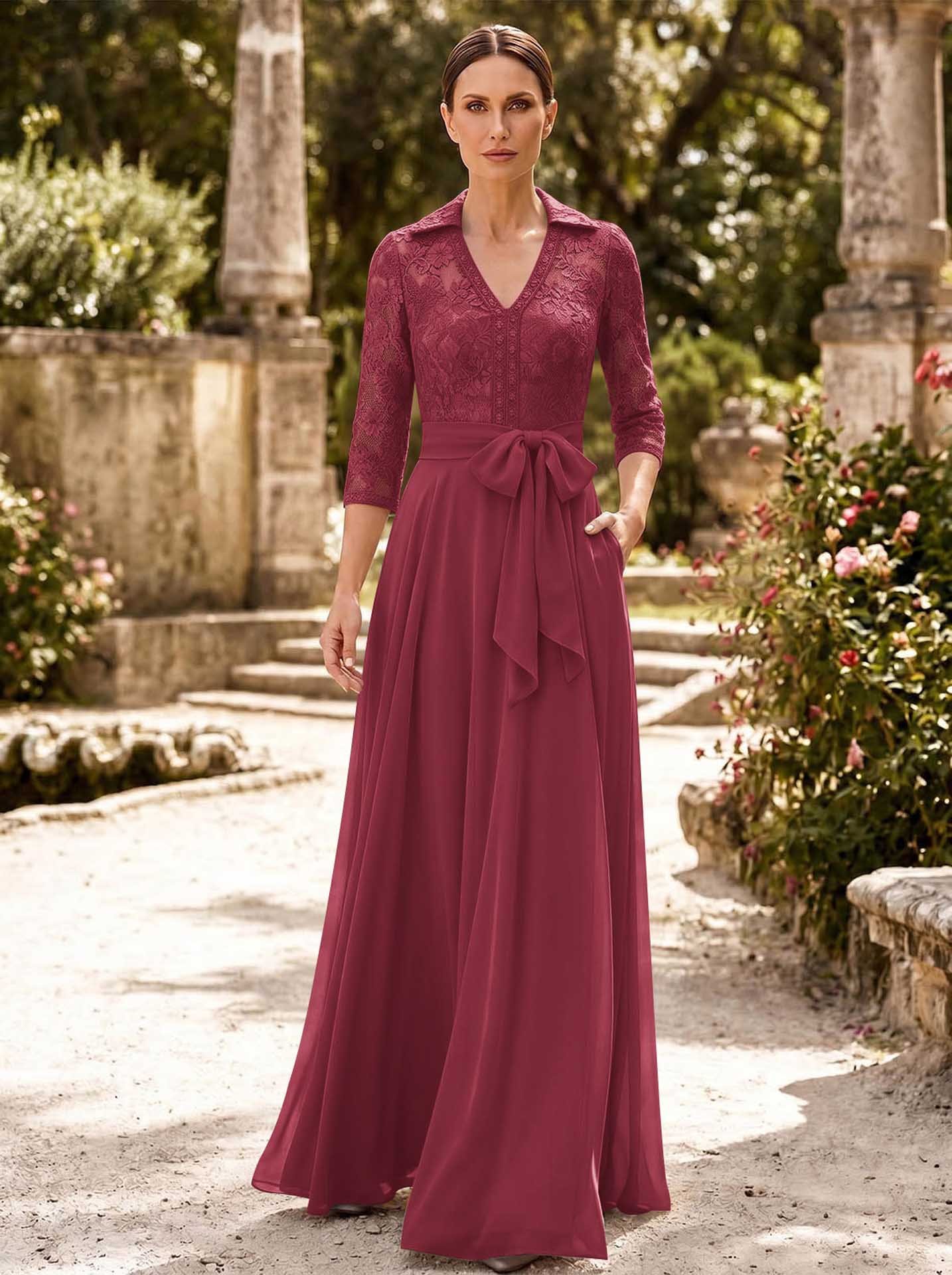 A-Line V-Neck 3/4 Sleeves Floor-Length Chiffon Mother Of The Bride Dresses