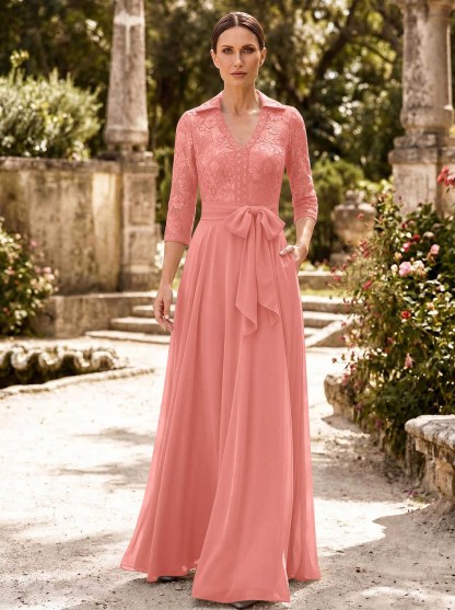 A-Line V-Neck 3/4 Sleeves Floor-Length Chiffon Mother Of The Bride Dresses