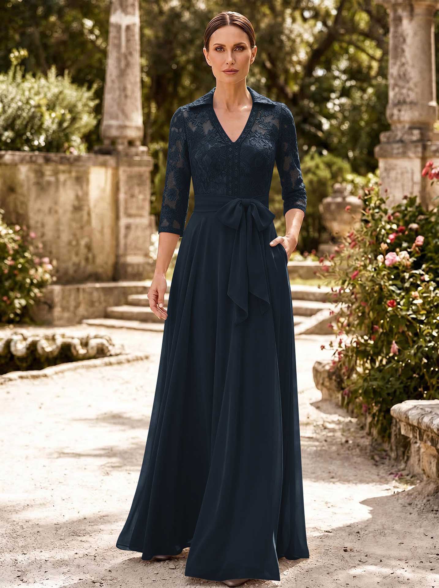 A-Line V-Neck 3/4 Sleeves Floor-Length Chiffon Mother Of The Bride Dresses