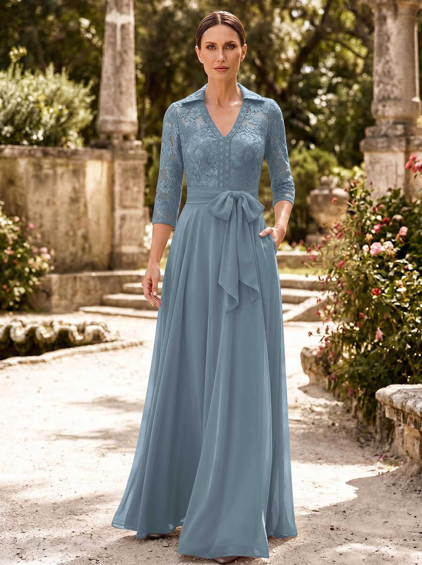 A-Line V-Neck 3/4 Sleeves Floor-Length Chiffon Mother Of The Bride Dresses