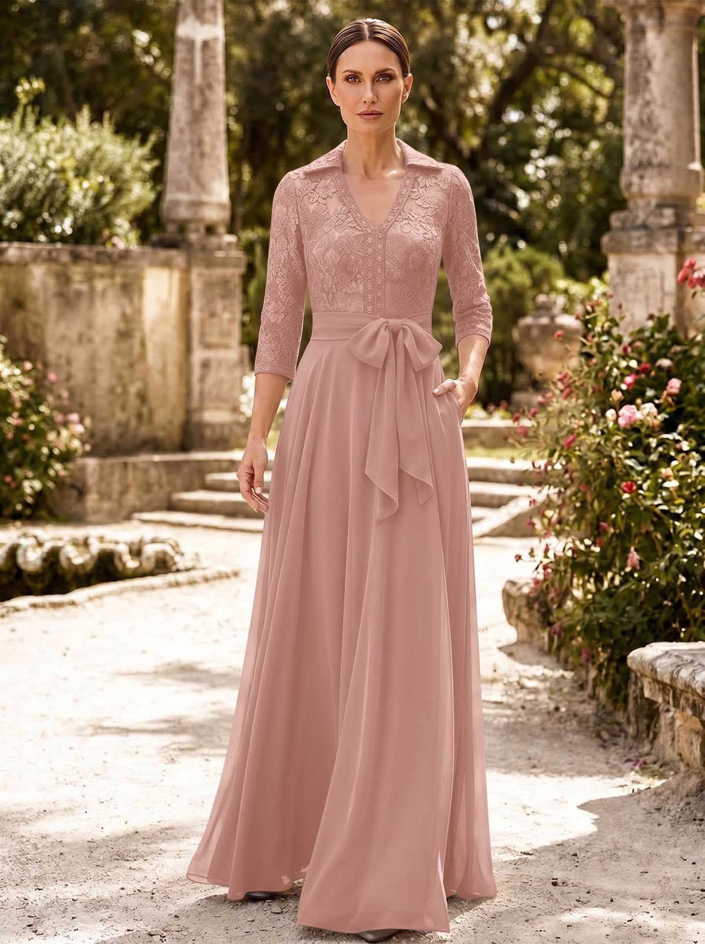 A-Line V-Neck 3/4 Sleeves Floor-Length Chiffon Mother Of The Bride Dresses