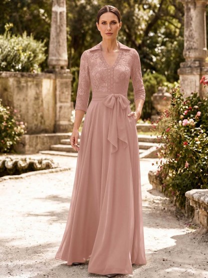 A-Line V-Neck 3/4 Sleeves Floor-Length Chiffon Mother Of The Bride Dresses