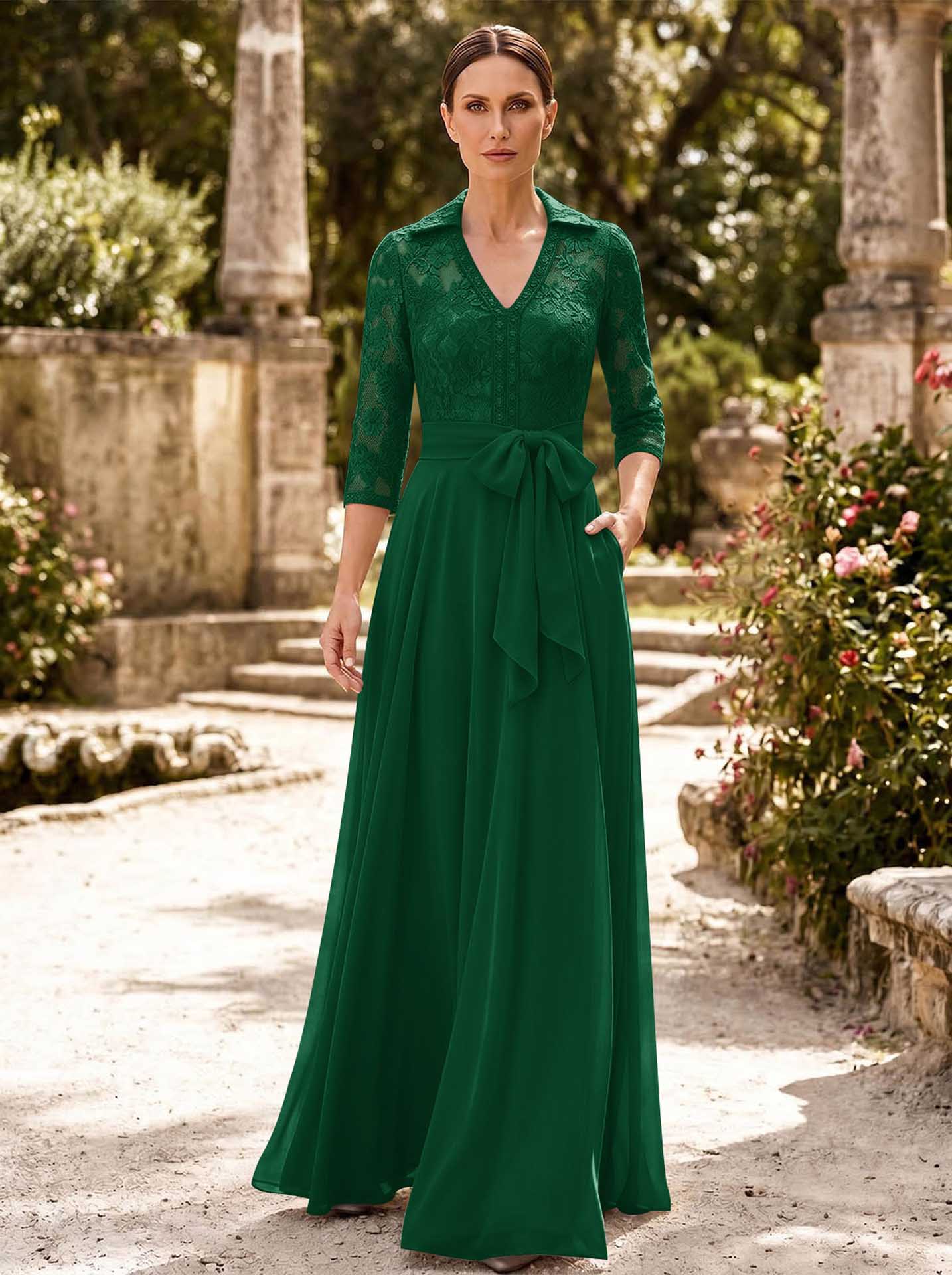 A-Line V-Neck 3/4 Sleeves Floor-Length Chiffon Mother Of The Bride Dresses