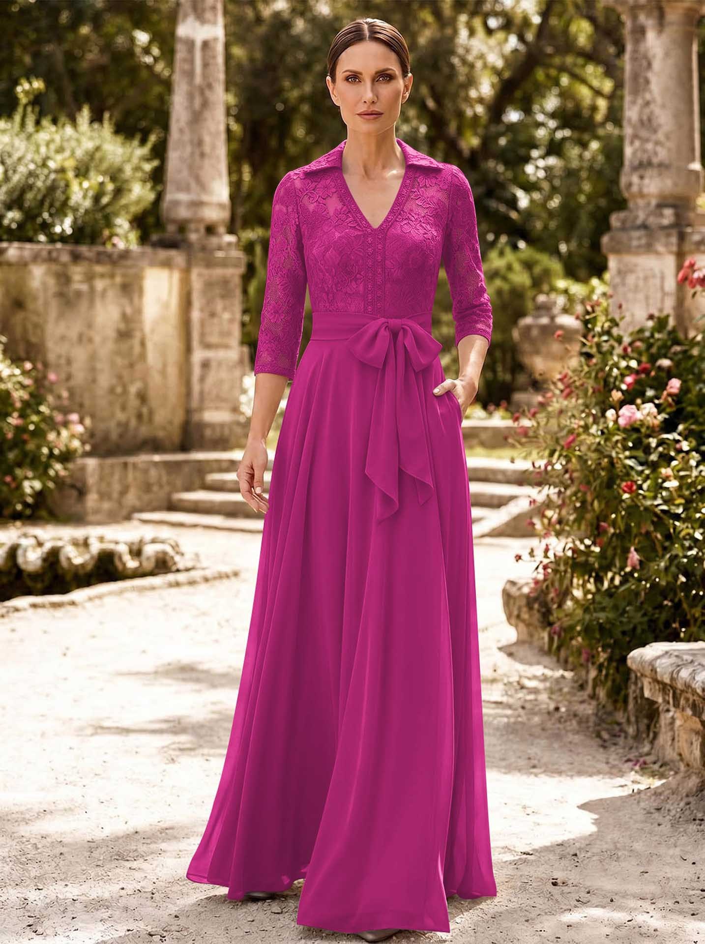 A-Line V-Neck 3/4 Sleeves Floor-Length Chiffon Mother Of The Bride Dresses