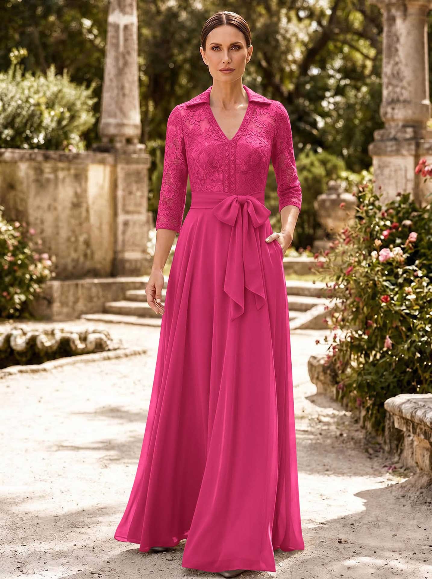 A-Line V-Neck 3/4 Sleeves Floor-Length Chiffon Mother Of The Bride Dresses