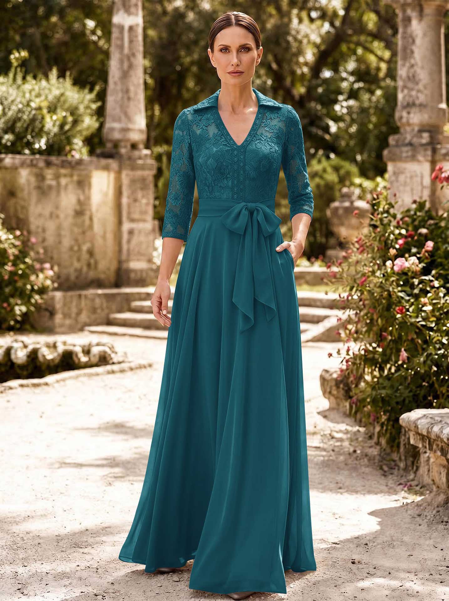 A-Line V-Neck 3/4 Sleeves Floor-Length Chiffon Mother Of The Bride Dresses