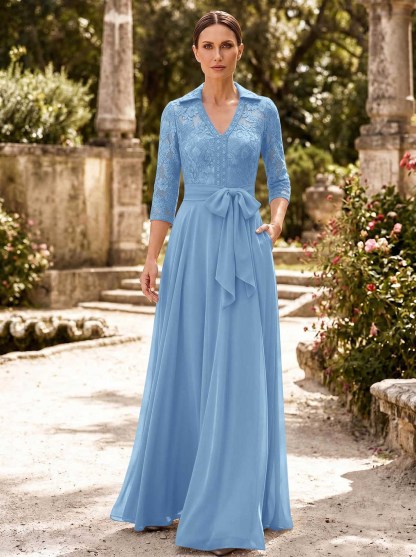 A-Line V-Neck 3/4 Sleeves Floor-Length Chiffon Mother Of The Bride Dresses