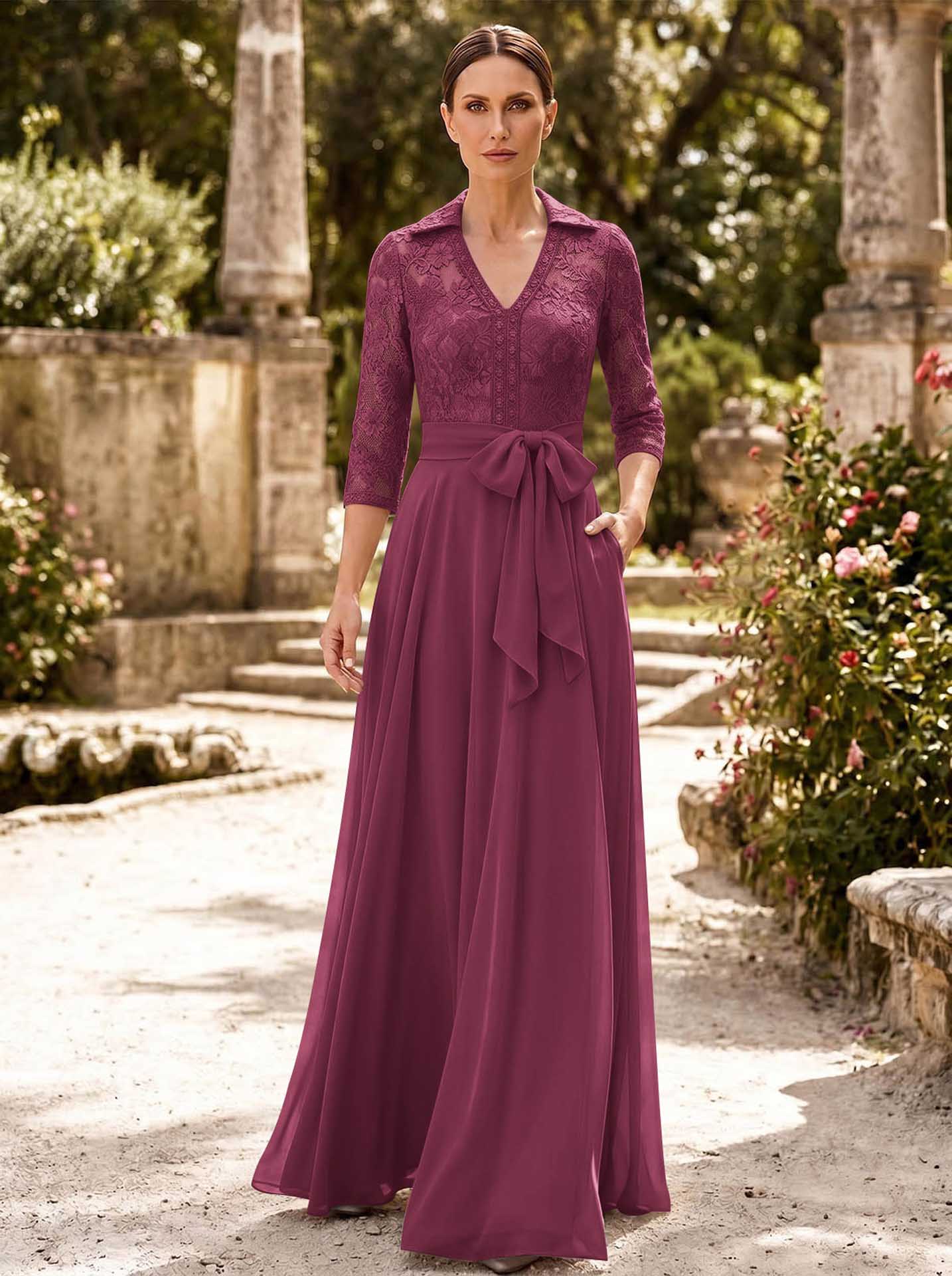 A-Line V-Neck 3/4 Sleeves Floor-Length Chiffon Mother Of The Bride Dresses